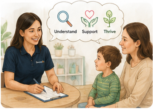 Therapist meeting with parent and child to create a support plan.