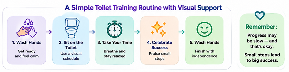 Child using a visual bathroom routine with parent support.