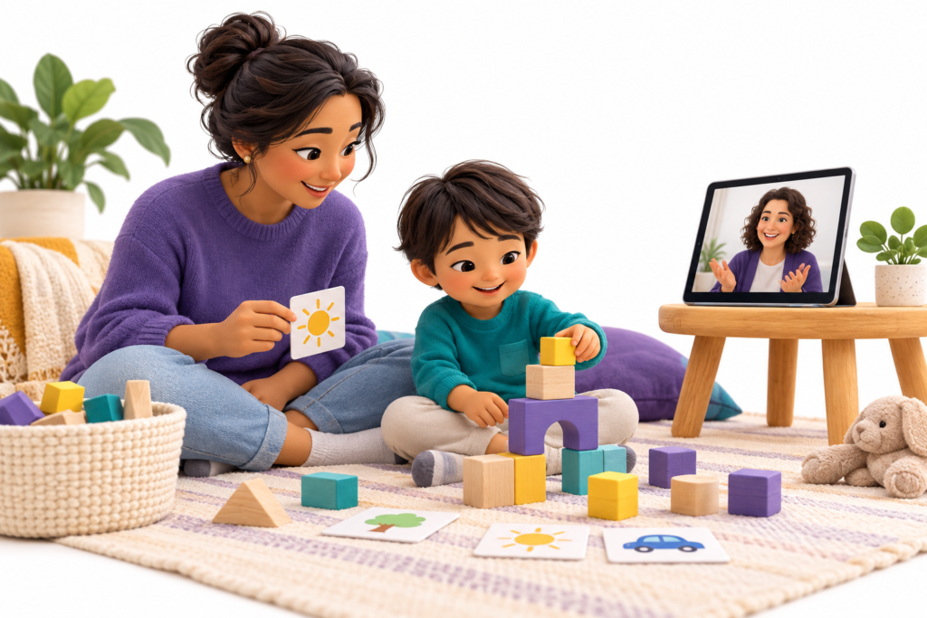 Caregiver and child playing with blocks while speaking with a support professional by video.