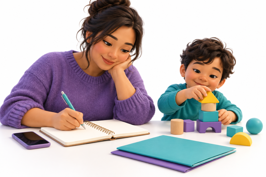 Parent writing down questions about child therapy while a child plays nearby.