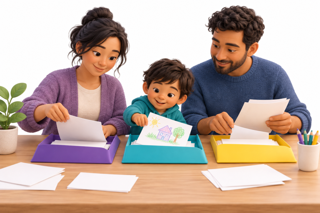 Family organizing support documents and notes into folders.