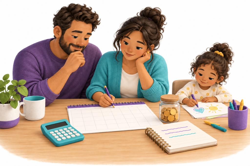 Parents planning a therapy budget with a calendar, calculator, and notebook.