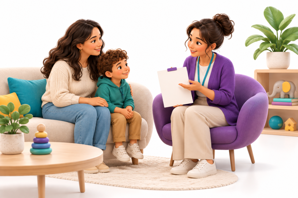 Therapist discussing appointment information with a parent and child in a clinic reception area.