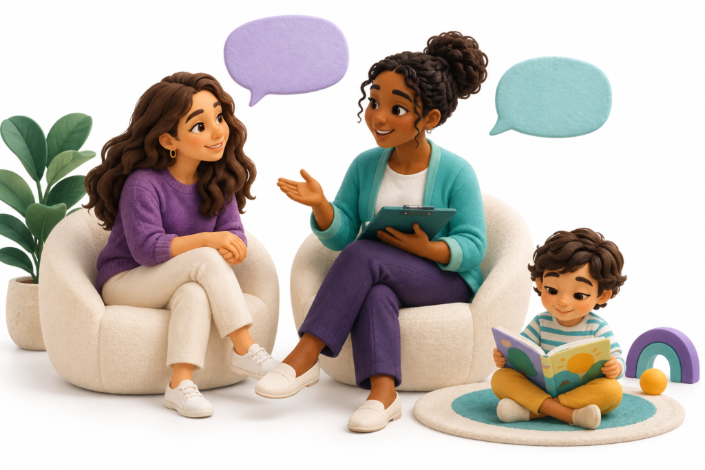 Parent and therapist discussing speech therapy questions while a child looks at a book.